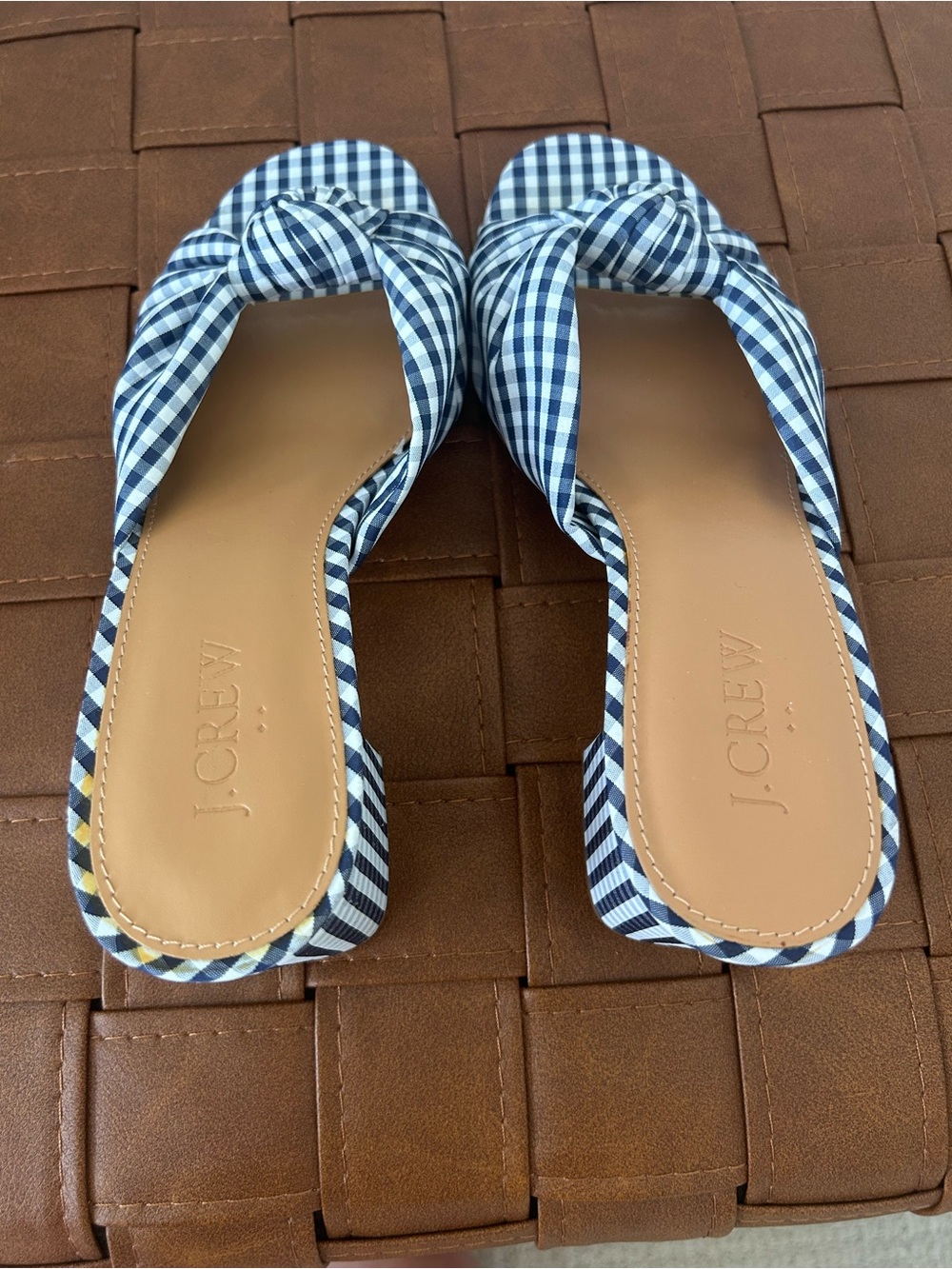J.Crew Knotted Block-Heel Mule Sandals Gingham Navy/White Fabric Women’s Size 7 - Picture 7 of 11
